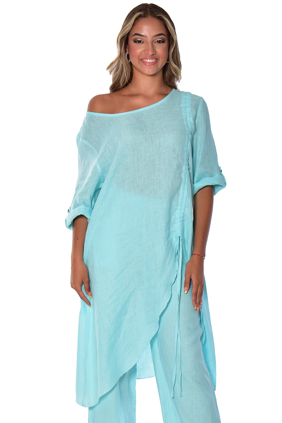 Ladies Linen 3/4 Slv Tunic Rushed Draw String Hem by AZUCAR - WHITE- LLWB2073- 6 PCS/PRE-PACK