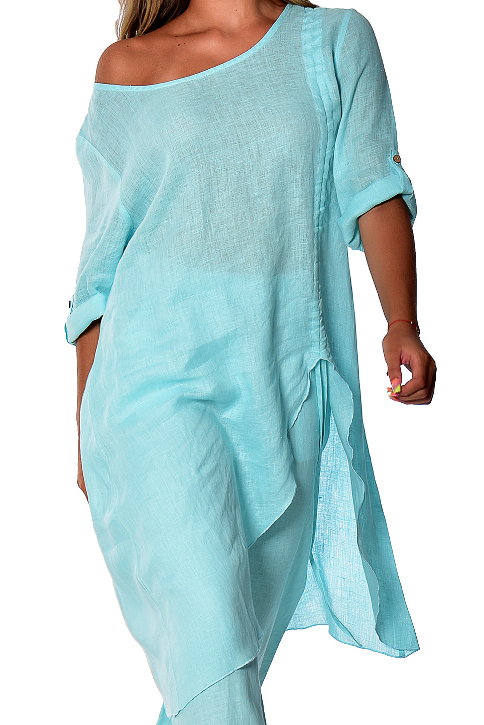 Ladies Linen 3/4 Slv Tunic Rushed Draw String Hem by AZUCAR - WHITE- LLWB2073- 6 PCS/PRE-PACK