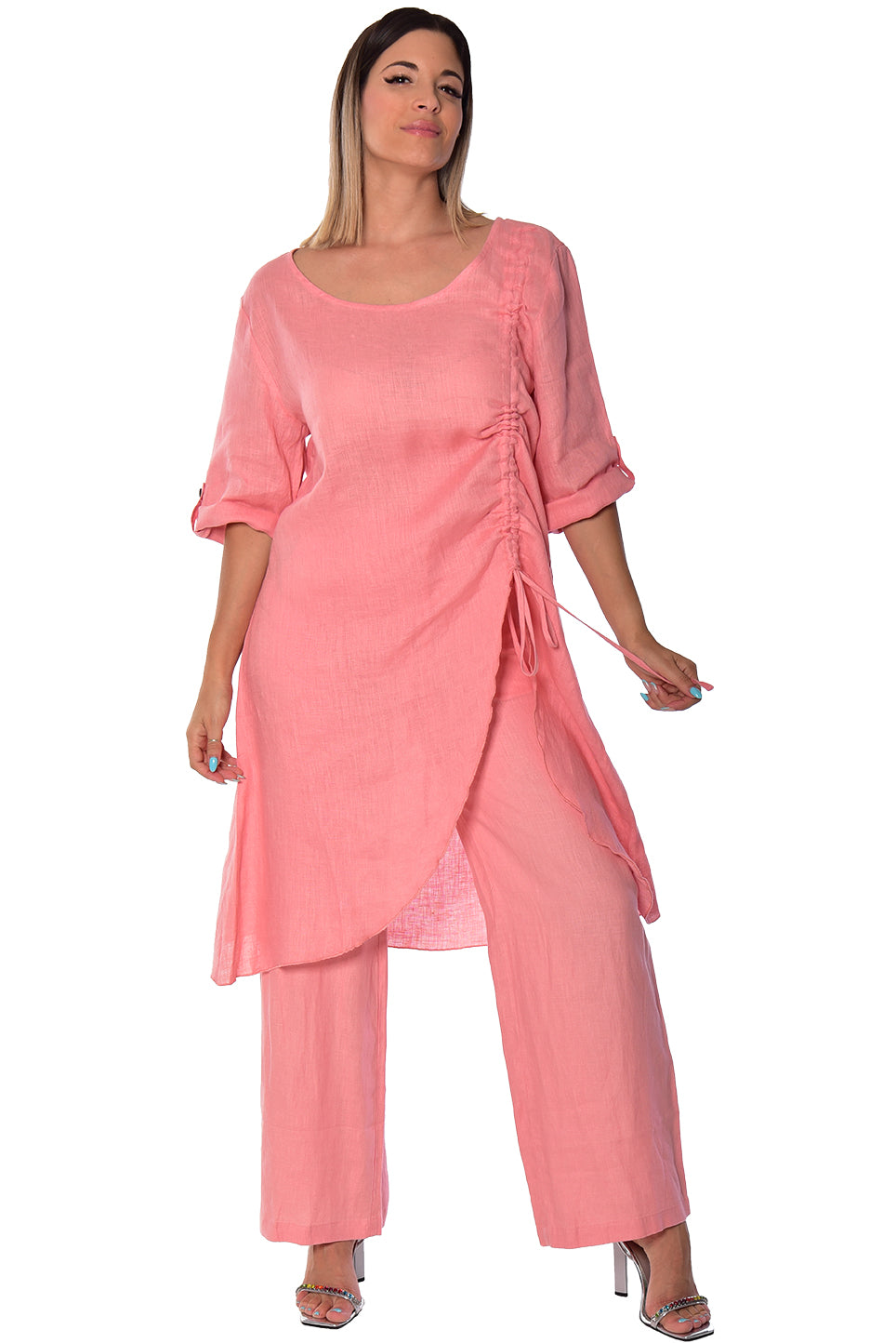 Ladies Linen 3/4 Slv Tunic Rushed Draw String Hem by AZUCAR - WHITE- LLWB2073- 6 PCS/PRE-PACK