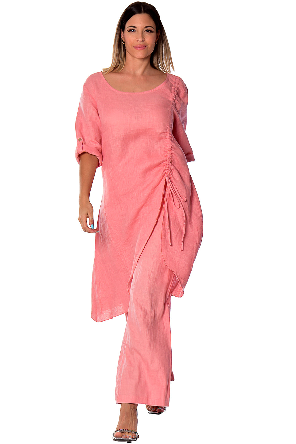 Ladies Linen 3/4 Slv Tunic Rushed Draw String Hem by AZUCAR - WHITE- LLWB2073- 6 PCS/PRE-PACK
