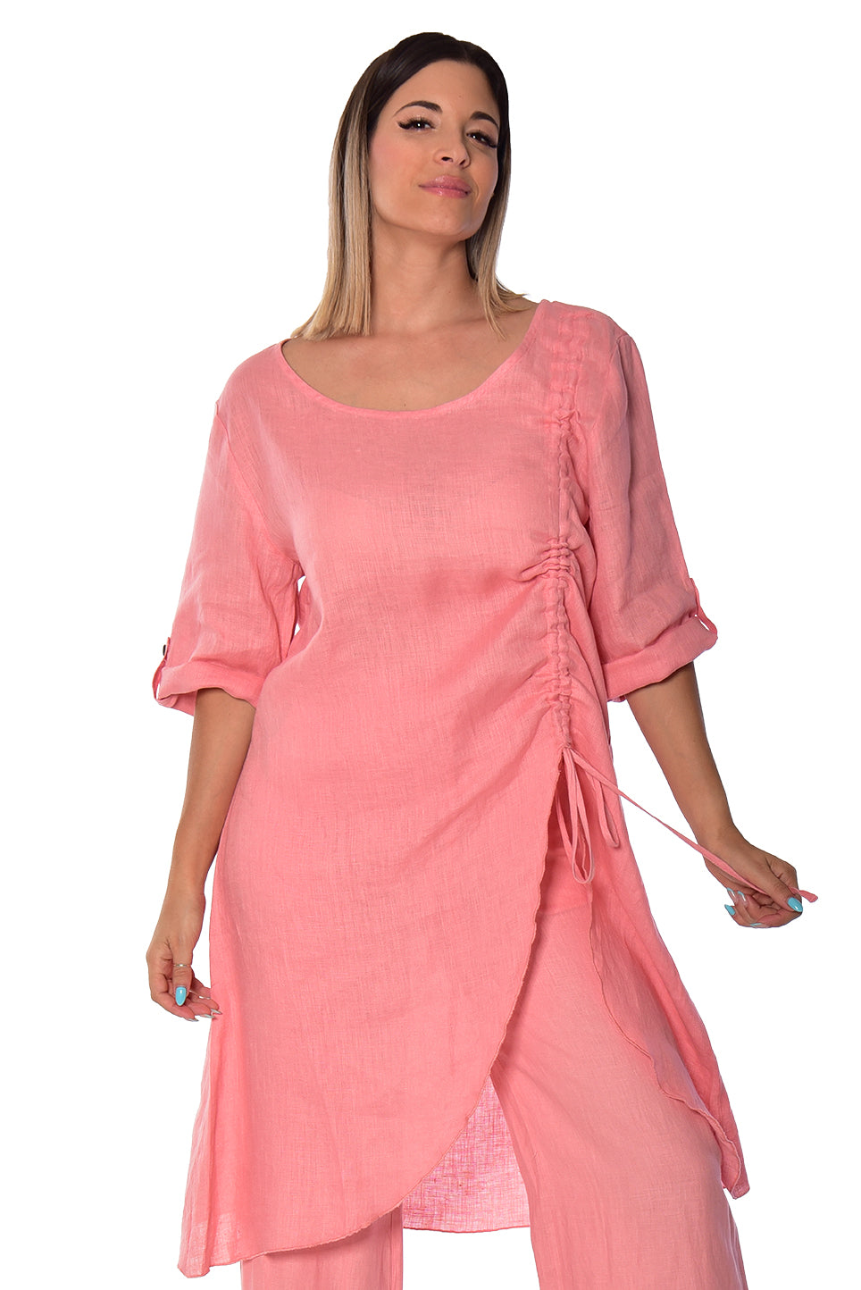 Ladies Linen 3/4 Slv Tunic Rushed Draw String Hem by AZUCAR - WHITE- LLWB2073- 6 PCS/PRE-PACK