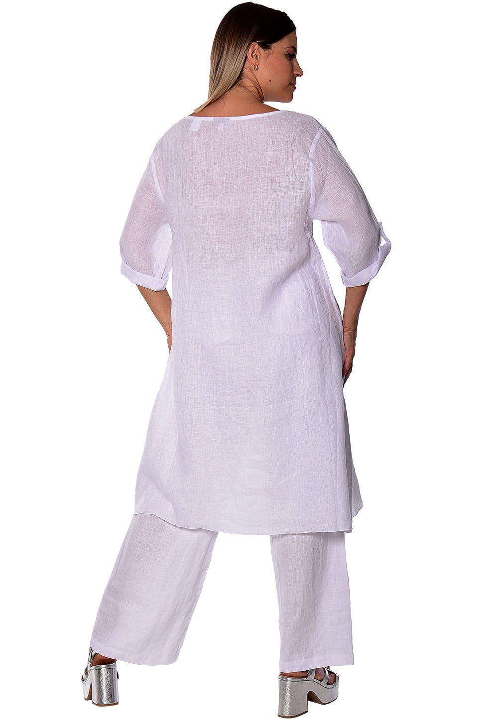 Ladies Linen 3/4 Slv Tunic Rushed Draw String Hem by AZUCAR - WHITE- LLWB2073- 6 PCS/PRE-PACK