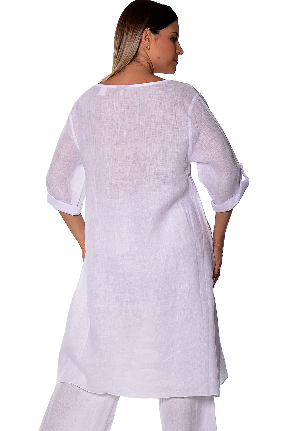 Ladies Linen 3/4 Slv Tunic Rushed Draw String Hem by AZUCAR - WHITE- LLWB2073- 6 PCS/PRE-PACK