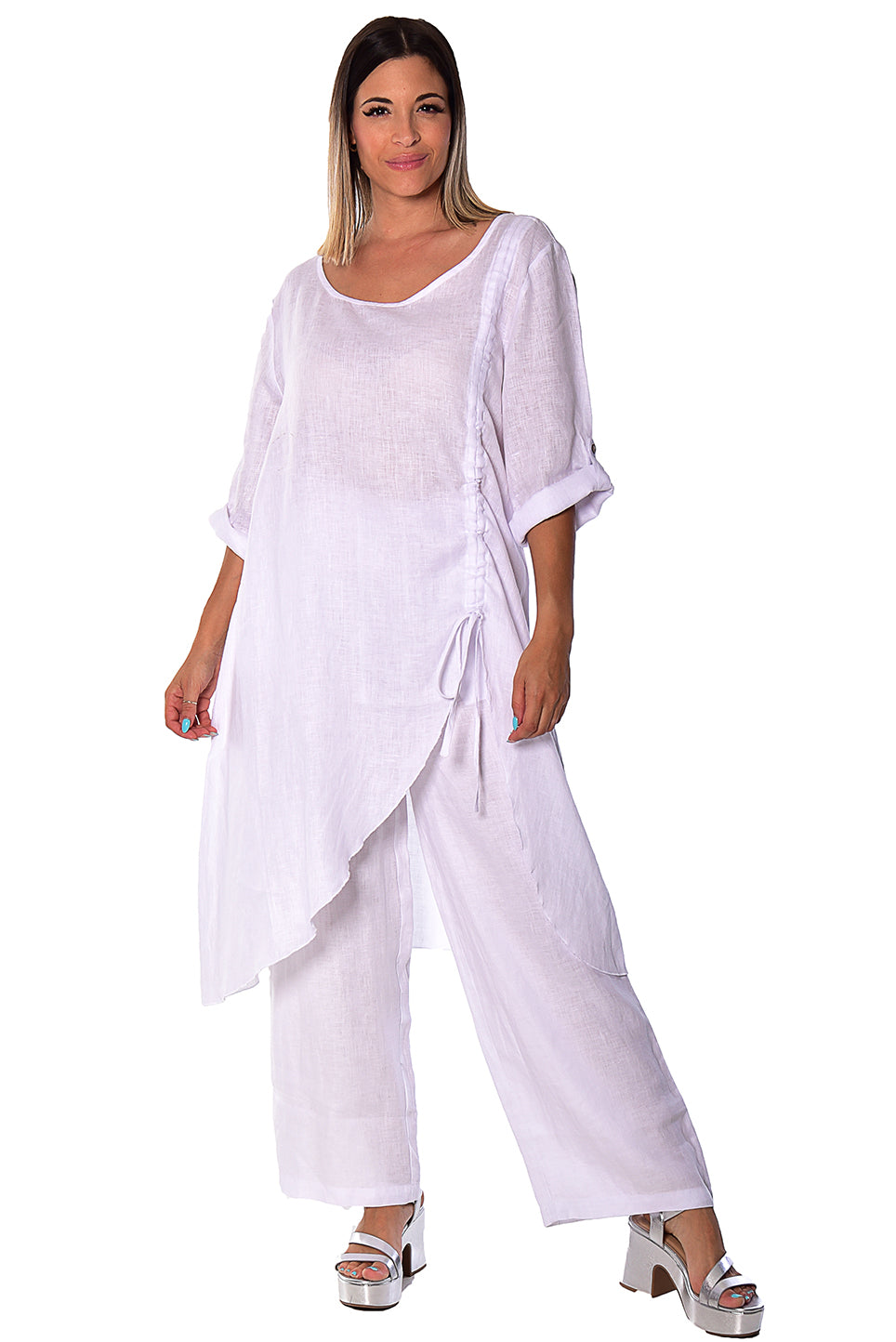 Ladies Linen 3/4 Slv Tunic Rushed Draw String Hem by AZUCAR - WHITE- LLWB2073- 6 PCS/PRE-PACK