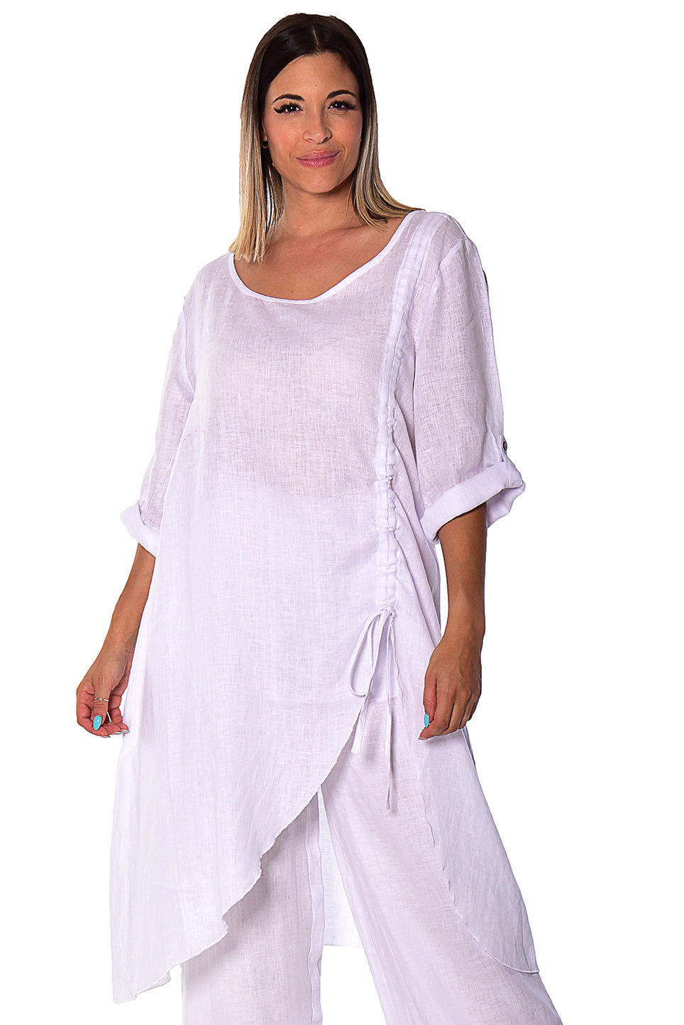 Ladies Linen 3/4 Slv Tunic Rushed Draw String Hem by AZUCAR - WHITE- LLWB2073- 6 PCS/PRE-PACK