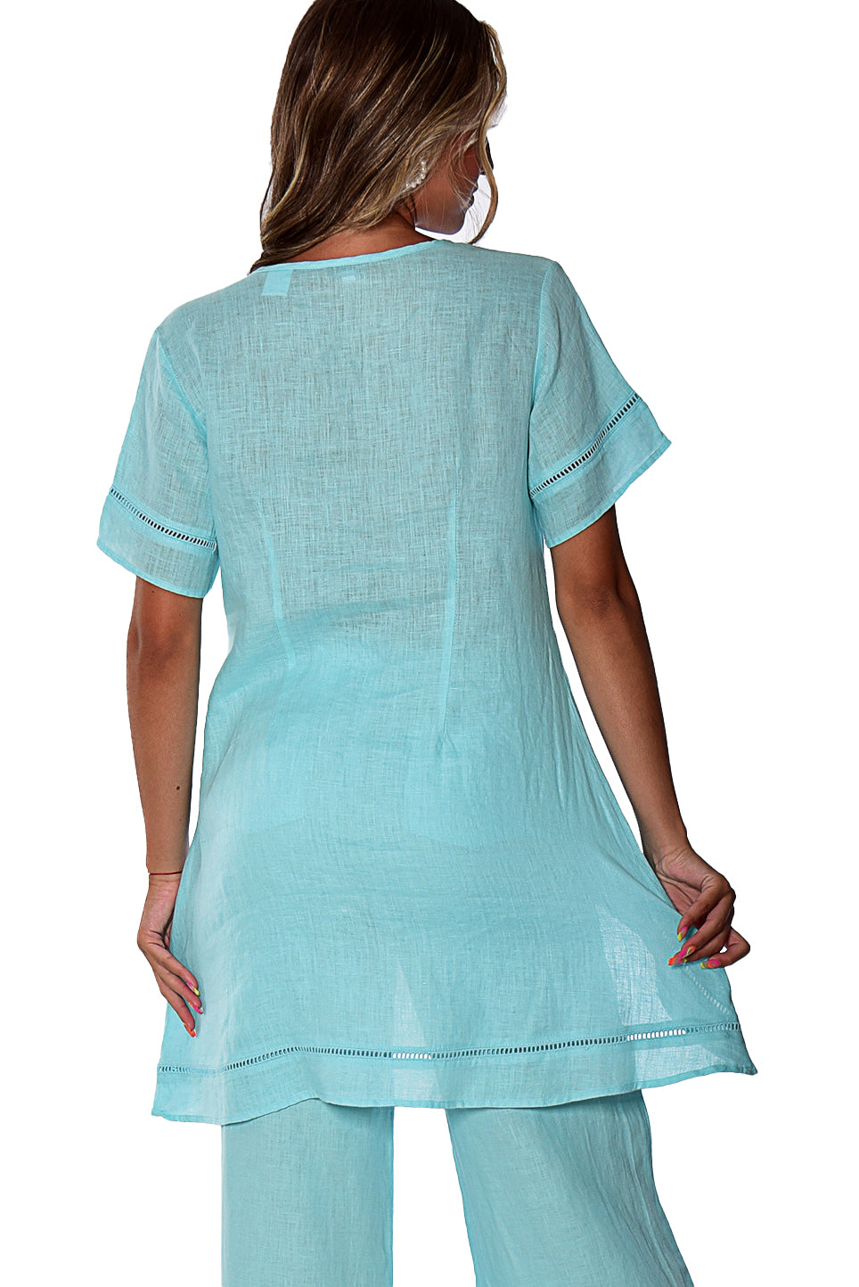 Ladies Linen Short Sleeve Wide Neck Hi-Low Blouse by AZUCAR-WHITE-Color Options - LLWB2083- 6 PCS/PRE-PACK