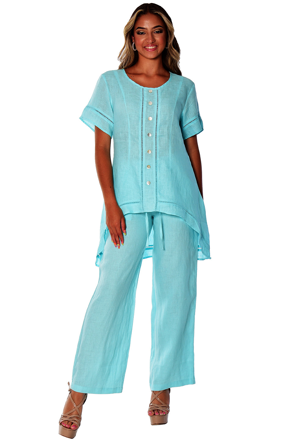 Ladies Linen Short Sleeve Wide Neck Hi-Low Blouse by AZUCAR-WHITE-Color Options - LLWB2083- 6 PCS/PRE-PACK