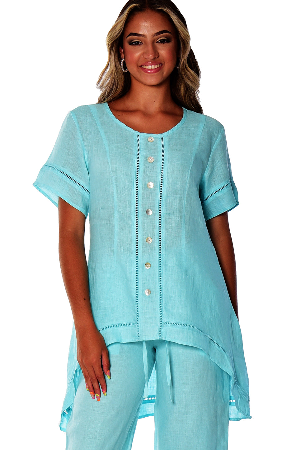 Ladies Linen Short Sleeve Wide Neck Hi-Low Blouse by AZUCAR-WHITE-Color Options - LLWB2083- 6 PCS/PRE-PACK