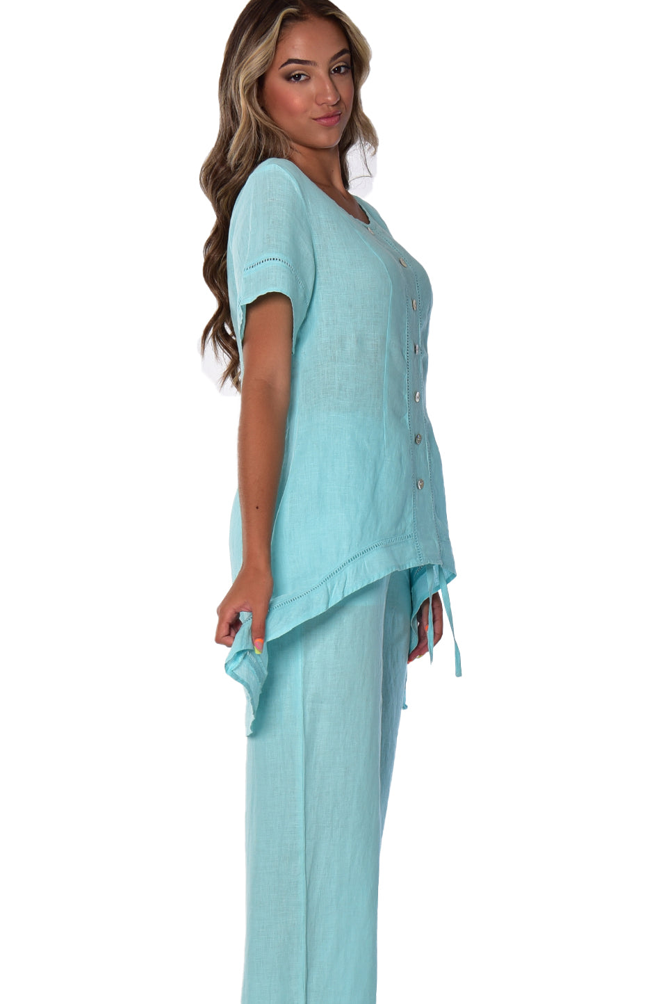 Ladies Linen Short Sleeve Wide Neck Hi-Low Blouse by AZUCAR-WHITE-Color Options - LLWB2083- 6 PCS/PRE-PACK