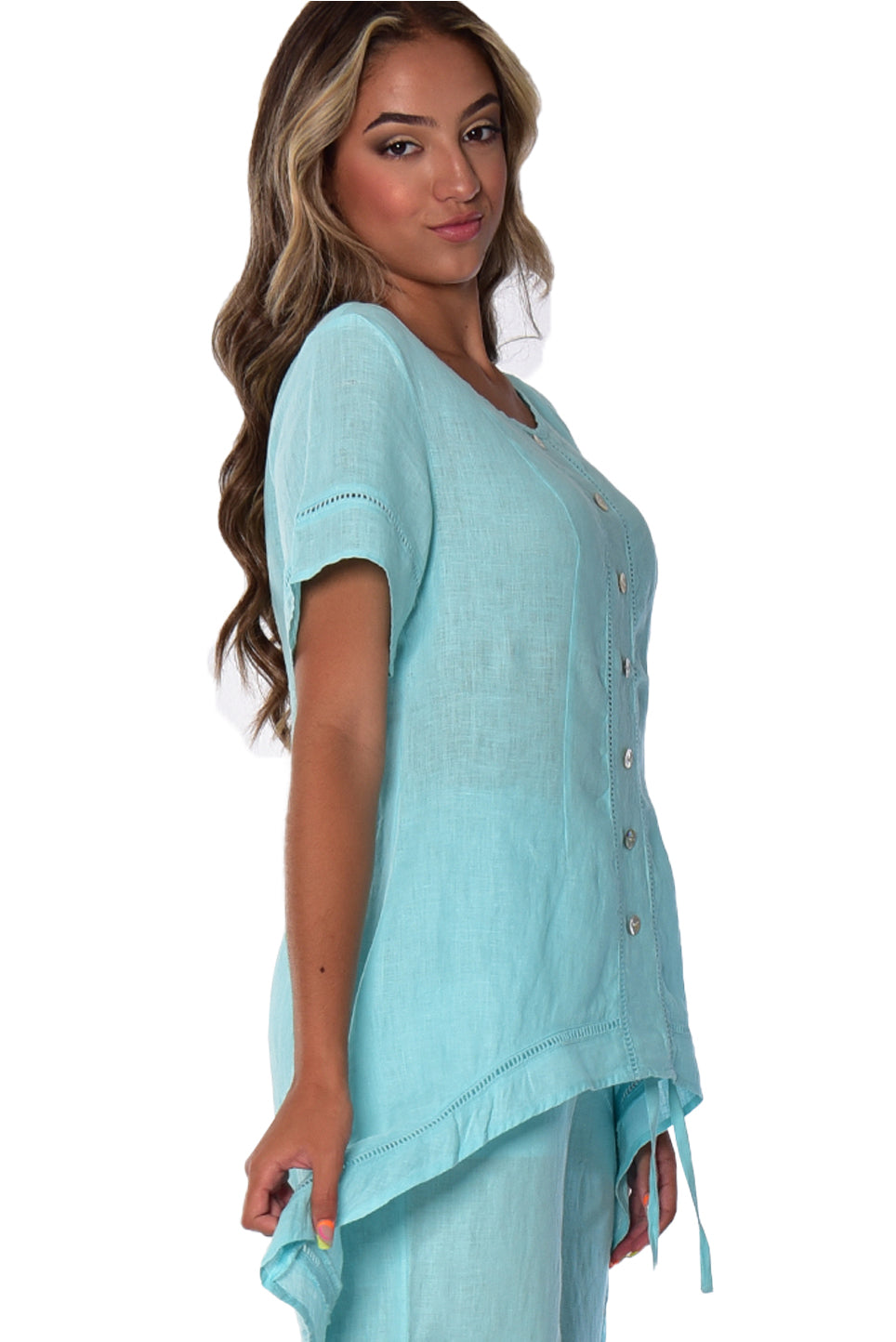Ladies Linen Short Sleeve Wide Neck Hi-Low Blouse by AZUCAR-WHITE-Color Options - LLWB2083- 6 PCS/PRE-PACK