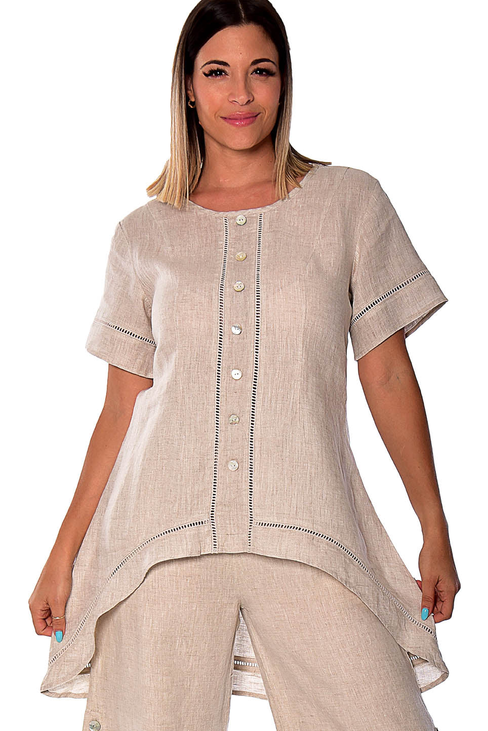 Ladies Linen Short Sleeve Wide Neck Hi-Low Blouse by AZUCAR-WHITE-Color Options - LLWB2083- 6 PCS/PRE-PACK