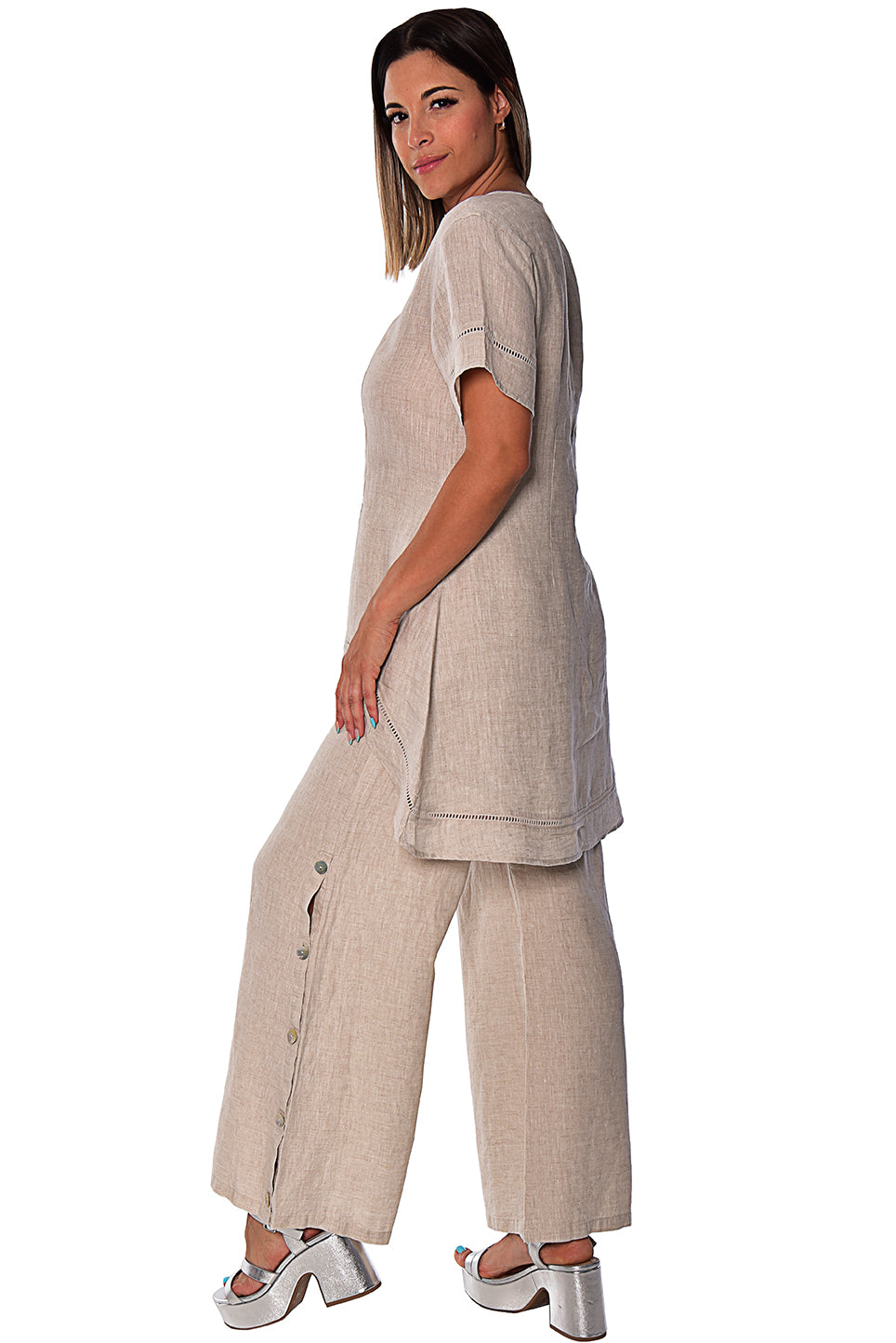 Ladies Linen Short Sleeve Wide Neck Hi-Low Blouse by AZUCAR-WHITE-Color Options - LLWB2083- 6 PCS/PRE-PACK