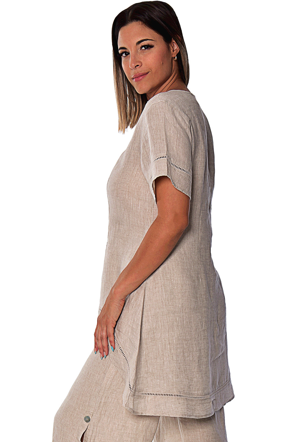 Ladies Linen Short Sleeve Wide Neck Hi-Low Blouse by AZUCAR-WHITE-Color Options - LLWB2083- 6 PCS/PRE-PACK