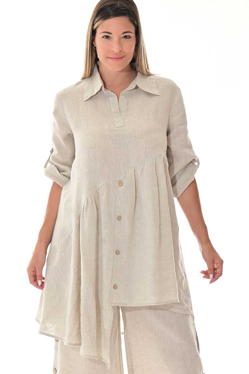 Ladies Linen Top 3/4 Roll-Up Sleeve Asymmetrical -NATURAL-Color Options - LLWB3108 - 6 PCS/PRE-PACK