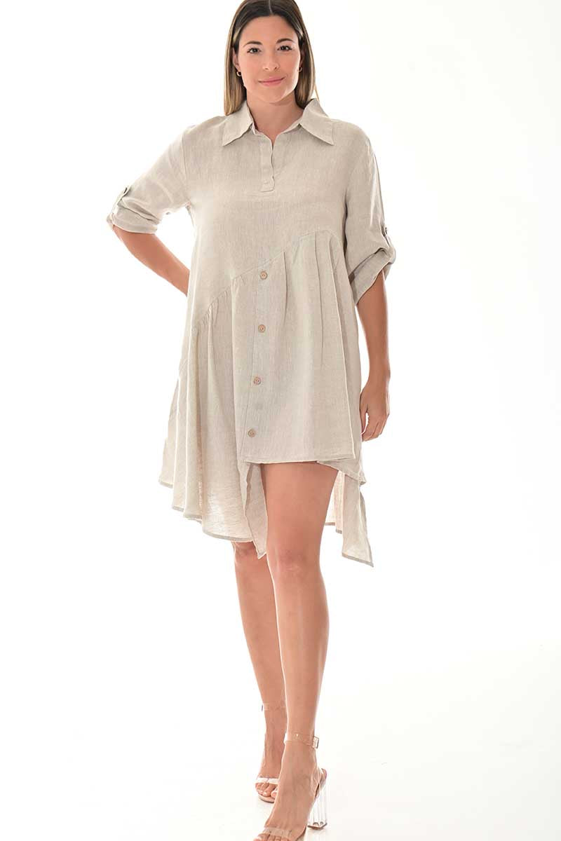 Ladies Linen Top 3/4 Roll-Up Sleeve Asymmetrical -NATURAL-Color Options - LLWB3108 - 6 PCS/PRE-PACK