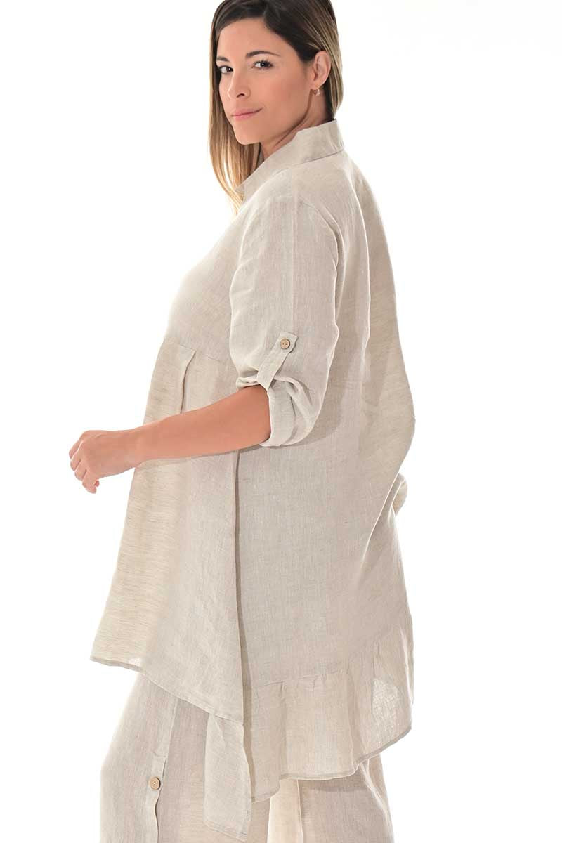 Ladies Linen Top 3/4 Roll-Up Sleeve Asymmetrical -NATURAL-Color Options - LLWB3108 - 6 PCS/PRE-PACK