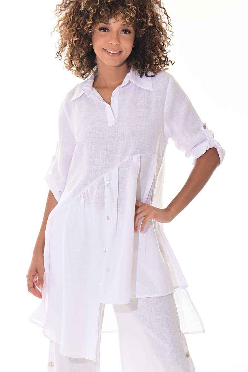 Ladies Linen Top 3/4 Roll-Up Sleeve Asymmetrical -NATURAL-Color Options - LLWB3108 - 6 PCS/PRE-PACK