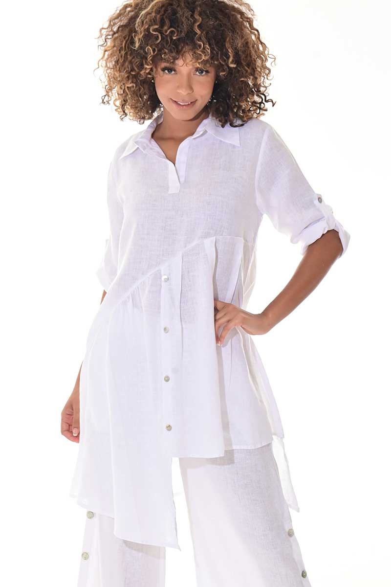 Ladies Linen Top 3/4 Roll-Up Sleeve Asymmetrical -NATURAL-Color Options - LLWB3108 - 6 PCS/PRE-PACK