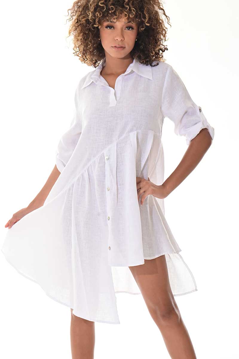 Ladies Linen Top 3/4 Roll-Up Sleeve Asymmetrical -NATURAL-Color Options - LLWB3108 - 6 PCS/PRE-PACK