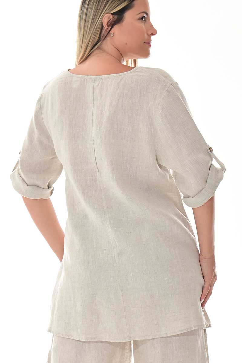 Ladies Linen Roll-Up Sleeve V-Neck Hi-Low Blouse Loose-NATURAL-Color Options- LLWB3109- 6 PCS/PRE-PACK