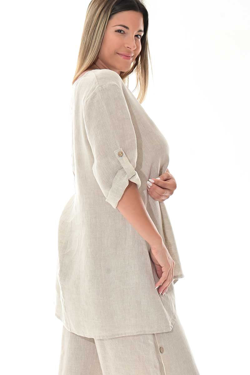 Ladies Linen Roll-Up Sleeve V-Neck Hi-Low Blouse Loose-NATURAL-Color Options- LLWB3109- 6 PCS/PRE-PACK