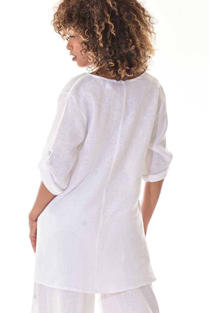 Ladies Linen Roll-Up Sleeve V-Neck Hi-Low Blouse Loose-NATURAL-Color Options- LLWB3109- 6 PCS/PRE-PACK