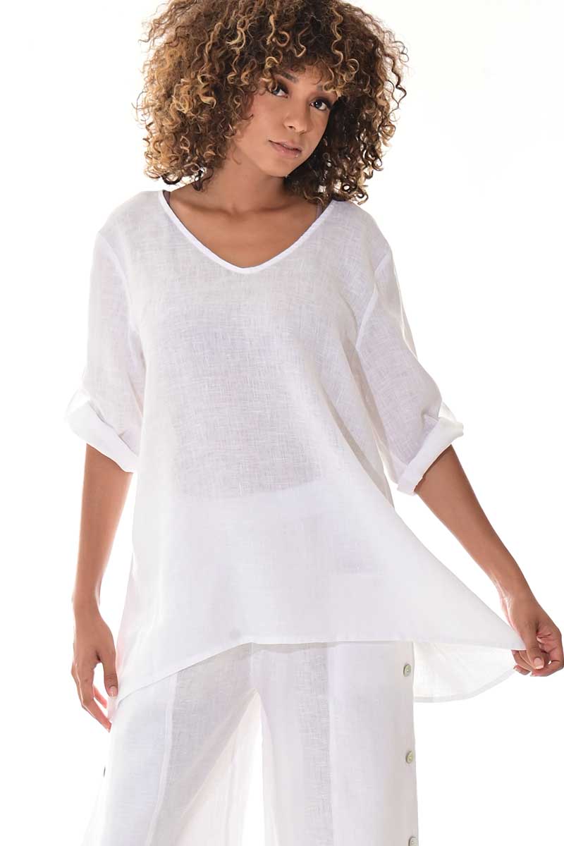 Ladies Linen Roll-Up Sleeve V-Neck Hi-Low Blouse Loose-NATURAL-Color Options- LLWB3109- 6 PCS/PRE-PACK