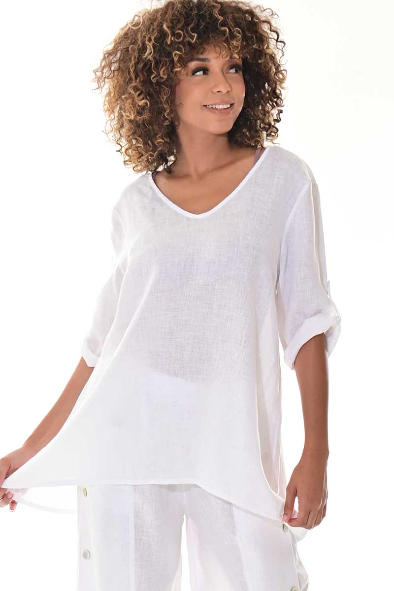 Ladies Linen Roll-Up Sleeve V-Neck Hi-Low Blouse Loose-NATURAL-Color Options- LLWB3109- 6 PCS/PRE-PACK