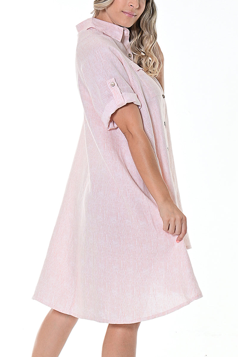 Ladies Linen Dress Button Down w/Roll-Up Sleeve by AZUCAR - LLWD107- 6 PCS/PRE-PACK