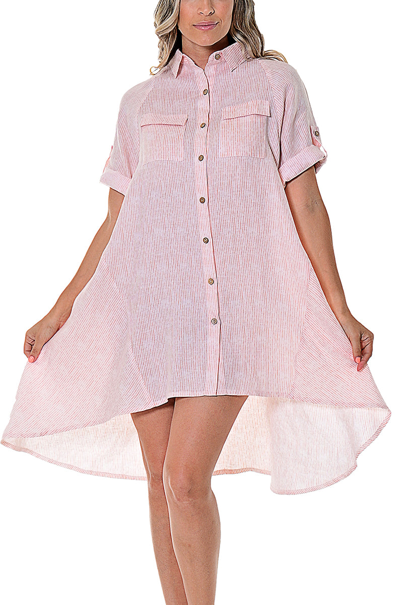 Ladies Linen Dress Button Down w/Roll-Up Sleeve by AZUCAR - LLWD107- 6 PCS/PRE-PACK