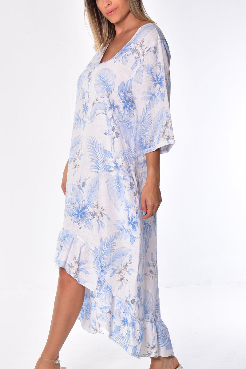 Ladies Linen Dress V-Neck 3/4 Sleeve Ruffled Hem by AZUCAR-WHITE-LLWD1981 -6 PCS/PRE-PACK