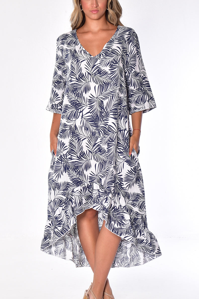 Ladies Linen Dress V-Neck 3/4 Sleeve Ruffled Hem by AZUCAR-WHITE-LLWD1981 -6 PCS/PRE-PACK
