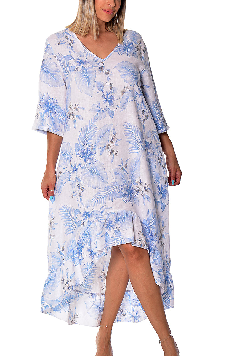 Ladies Linen Dress V-Neck 3/4 Sleeve Ruffled Hem by AZUCAR-WHITE-LLWD1981 -6 PCS/PRE-PACK