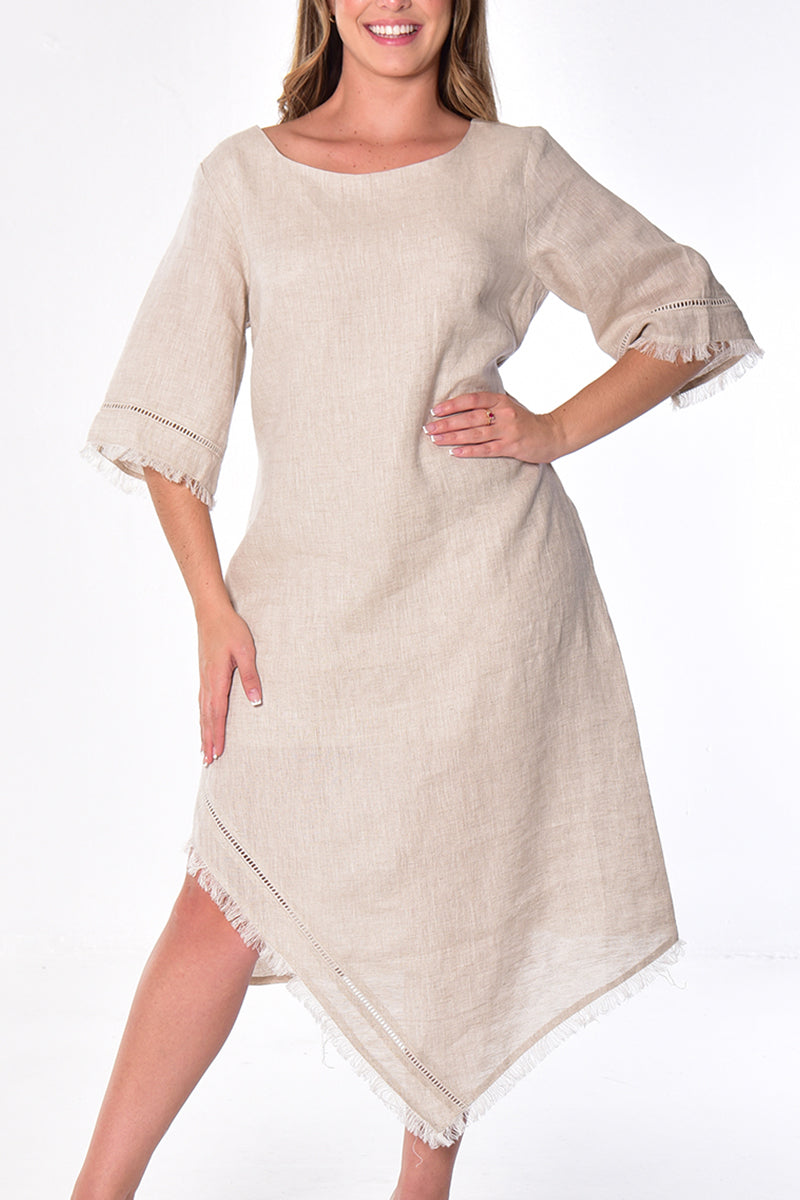 Ladies Linen Handkerchief Hem Dress w/Fringe 3/4 SLV by AZUCAR - WHITE - Color Options - LLWD2084 - 6 PCS/PRE-PACK