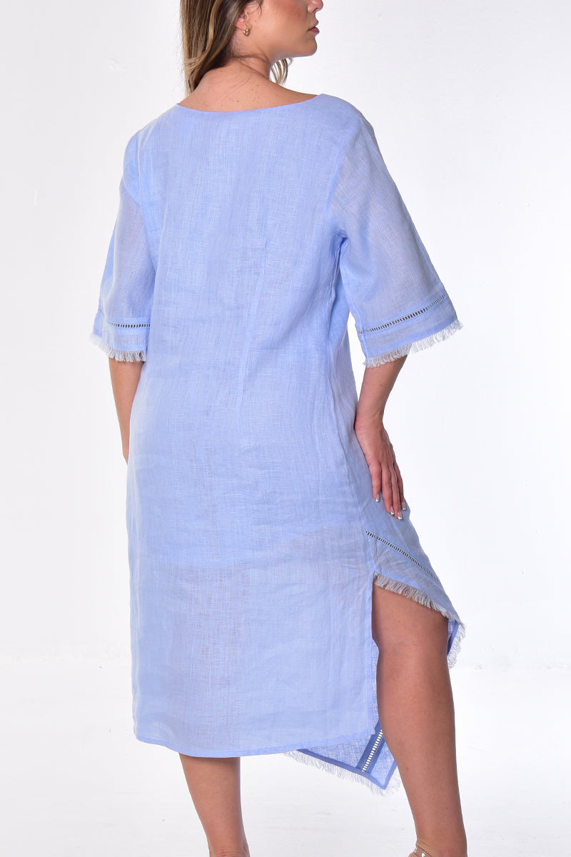 Ladies Linen Handkerchief Hem Dress w/Fringe 3/4 SLV by AZUCAR - WHITE - Color Options - LLWD2084 - 6 PCS/PRE-PACK