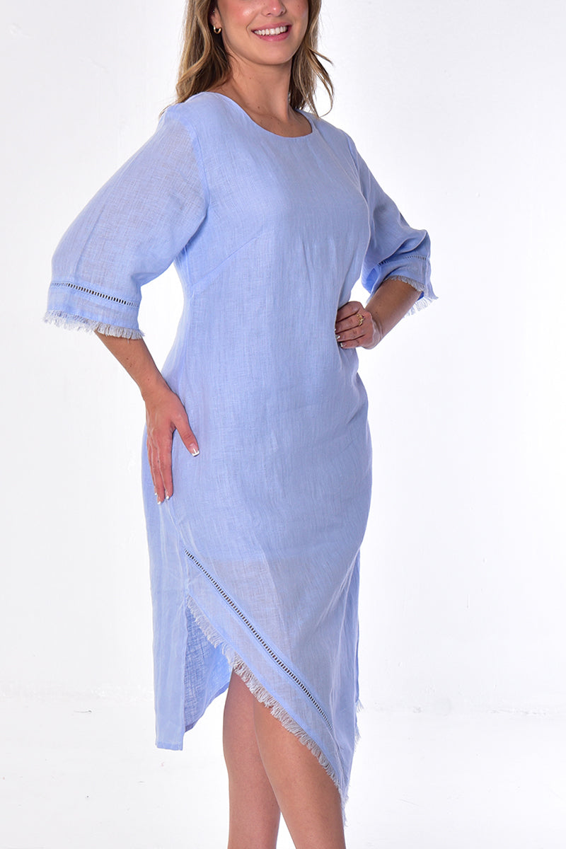 Ladies Linen Handkerchief Hem Dress w/Fringe 3/4 SLV by AZUCAR - WHITE - Color Options - LLWD2084 - 6 PCS/PRE-PACK