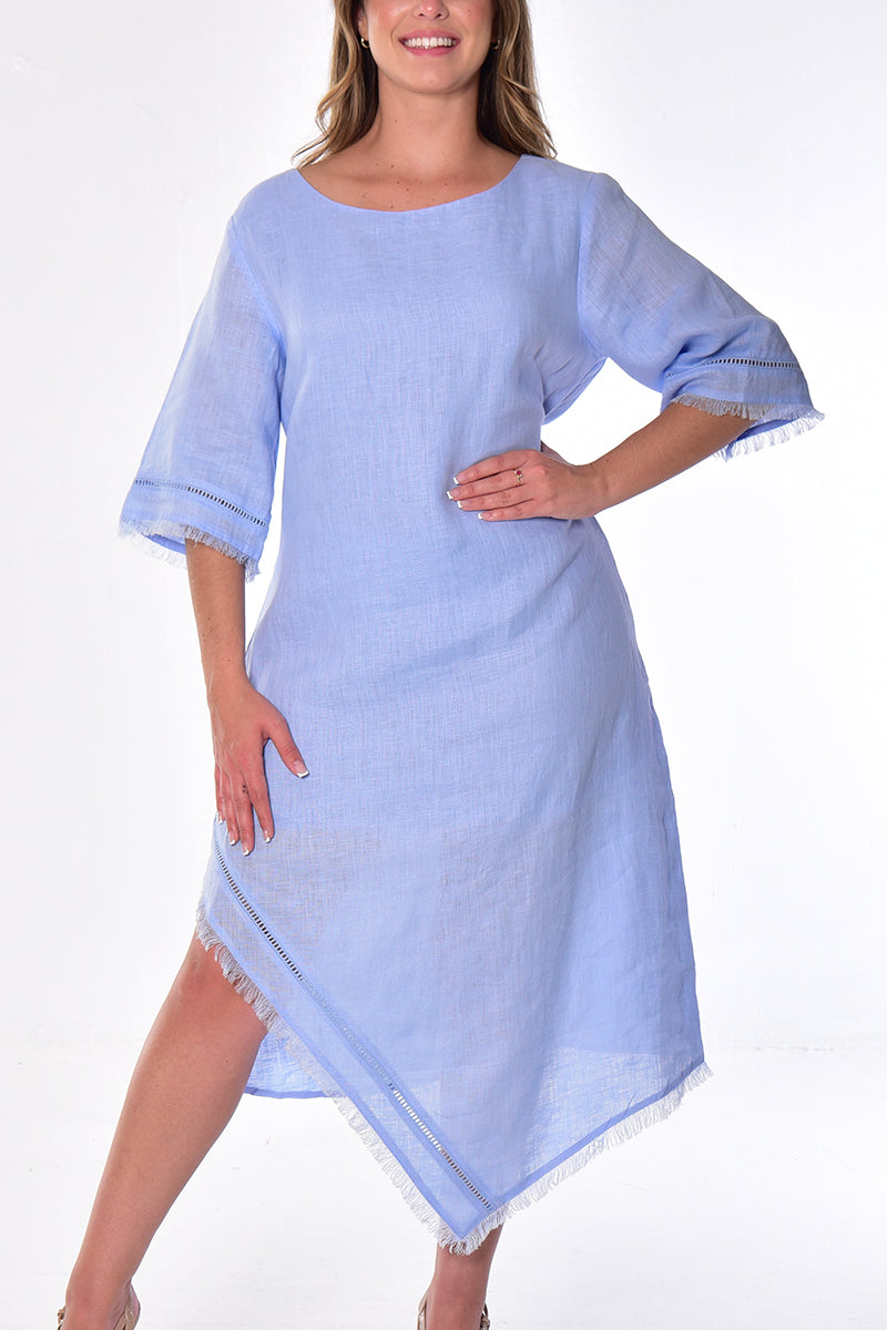 Ladies Linen Handkerchief Hem Dress w/Fringe 3/4 SLV by AZUCAR - WHITE - Color Options - LLWD2084 - 6 PCS/PRE-PACK