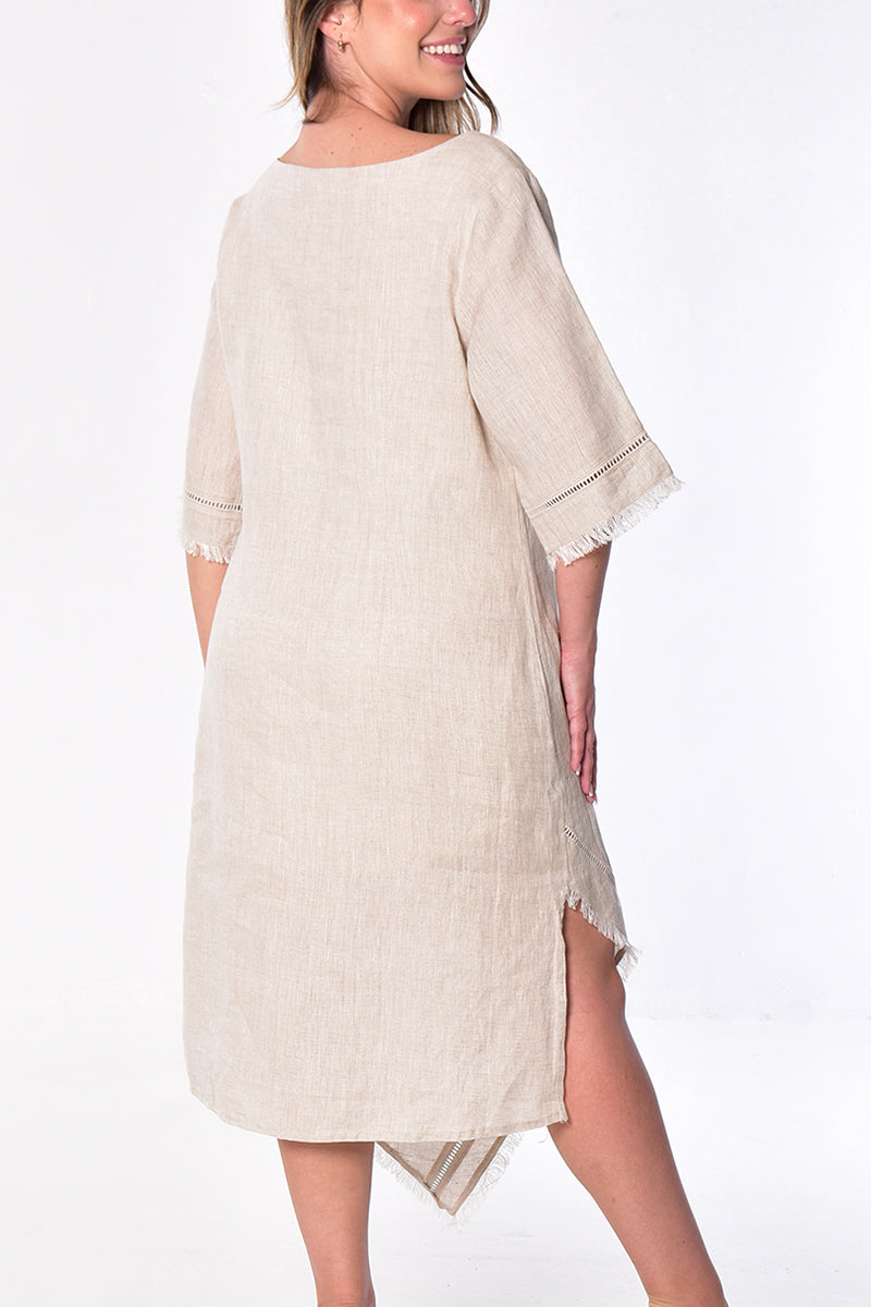 Ladies Linen Handkerchief Hem Dress w/Fringe 3/4 SLV by AZUCAR - WHITE - Color Options - LLWD2084 - 6 PCS/PRE-PACK