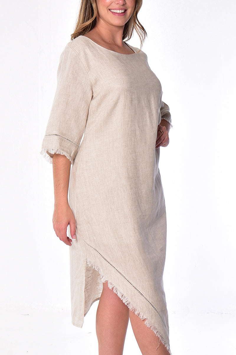 Ladies Linen Handkerchief Hem Dress w/Fringe 3/4 SLV by AZUCAR - WHITE - Color Options - LLWD2084 - 6 PCS/PRE-PACK