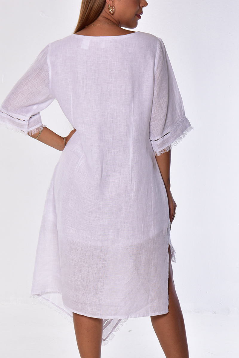 Ladies Linen Handkerchief Hem Dress w/Fringe 3/4 SLV by AZUCAR - WHITE - Color Options - LLWD2084 - 6 PCS/PRE-PACK