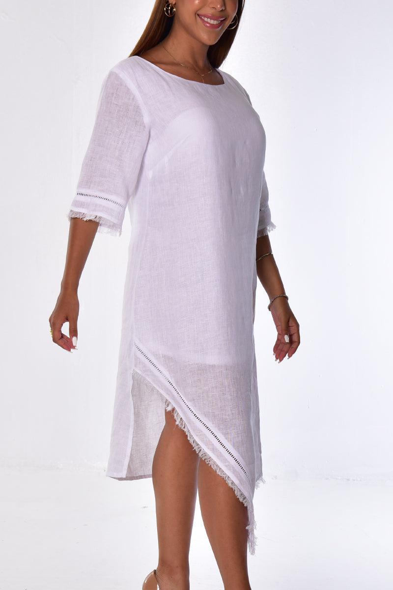 Ladies Linen Handkerchief Hem Dress w/Fringe 3/4 SLV by AZUCAR - WHITE - Color Options - LLWD2084 - 6 PCS/PRE-PACK