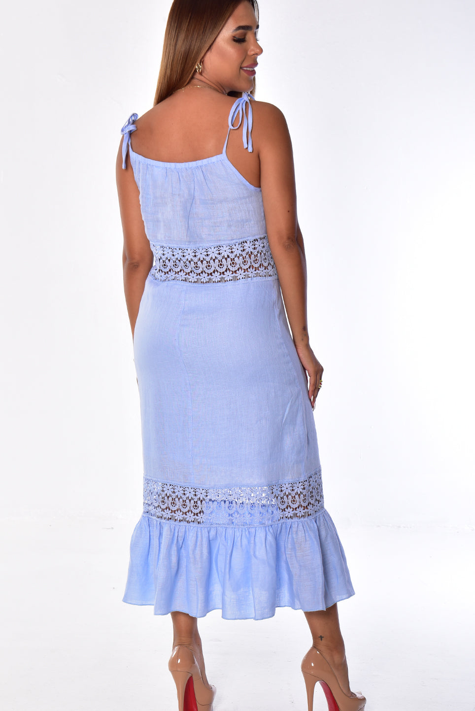 Ladies Linen Spaghetti Strap Dress w/Crochet Lace by AZUCAR-WHITE-Color Options- LLWD2088 - 6 PCS/PRE-PACK