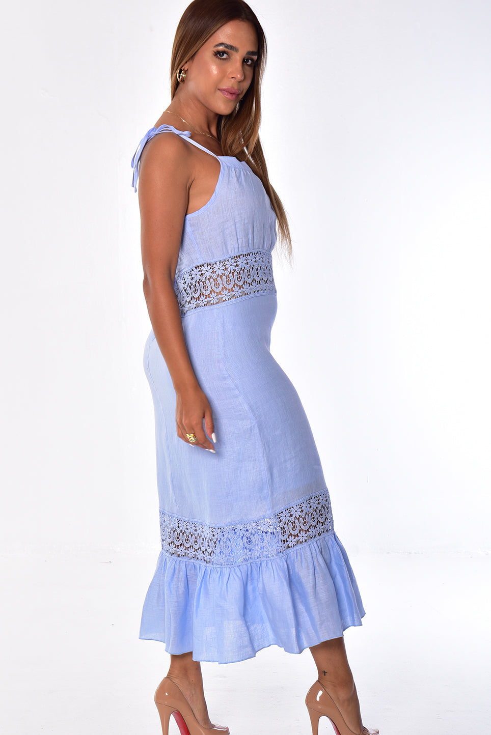 Ladies Linen Spaghetti Strap Dress w/Crochet Lace by AZUCAR-WHITE-Color Options- LLWD2088 - 6 PCS/PRE-PACK