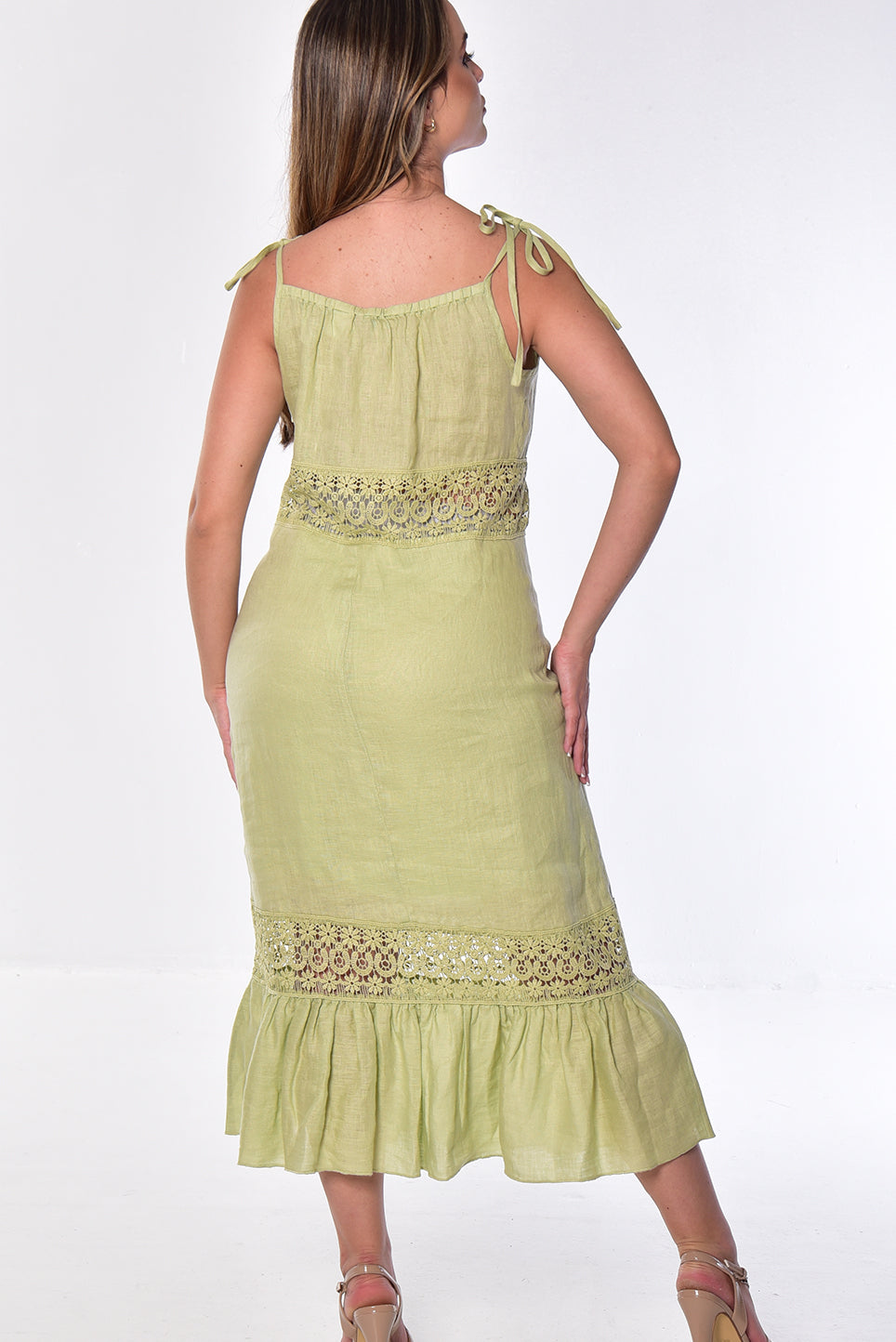 Ladies Linen Spaghetti Strap Dress w/Crochet Lace by AZUCAR-WHITE-Color Options- LLWD2088 - 6 PCS/PRE-PACK
