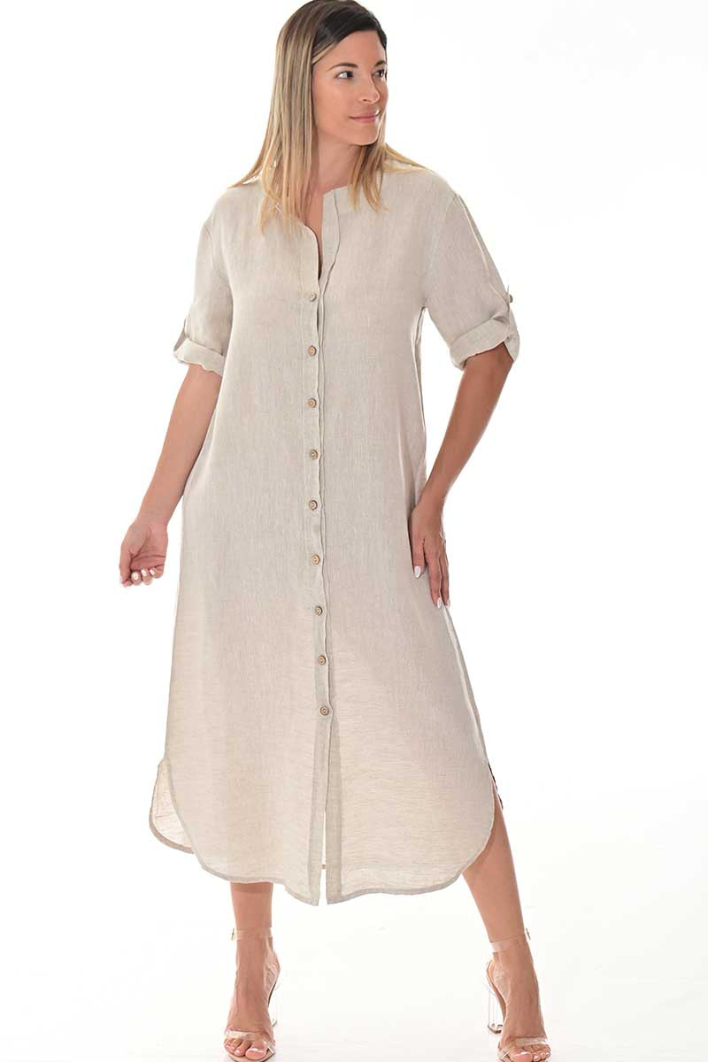 Ladies Linen Button Down Dress Roll-Up Sleeve-WHITE - LLWD3105- 6 PCS/PRE-PACK
