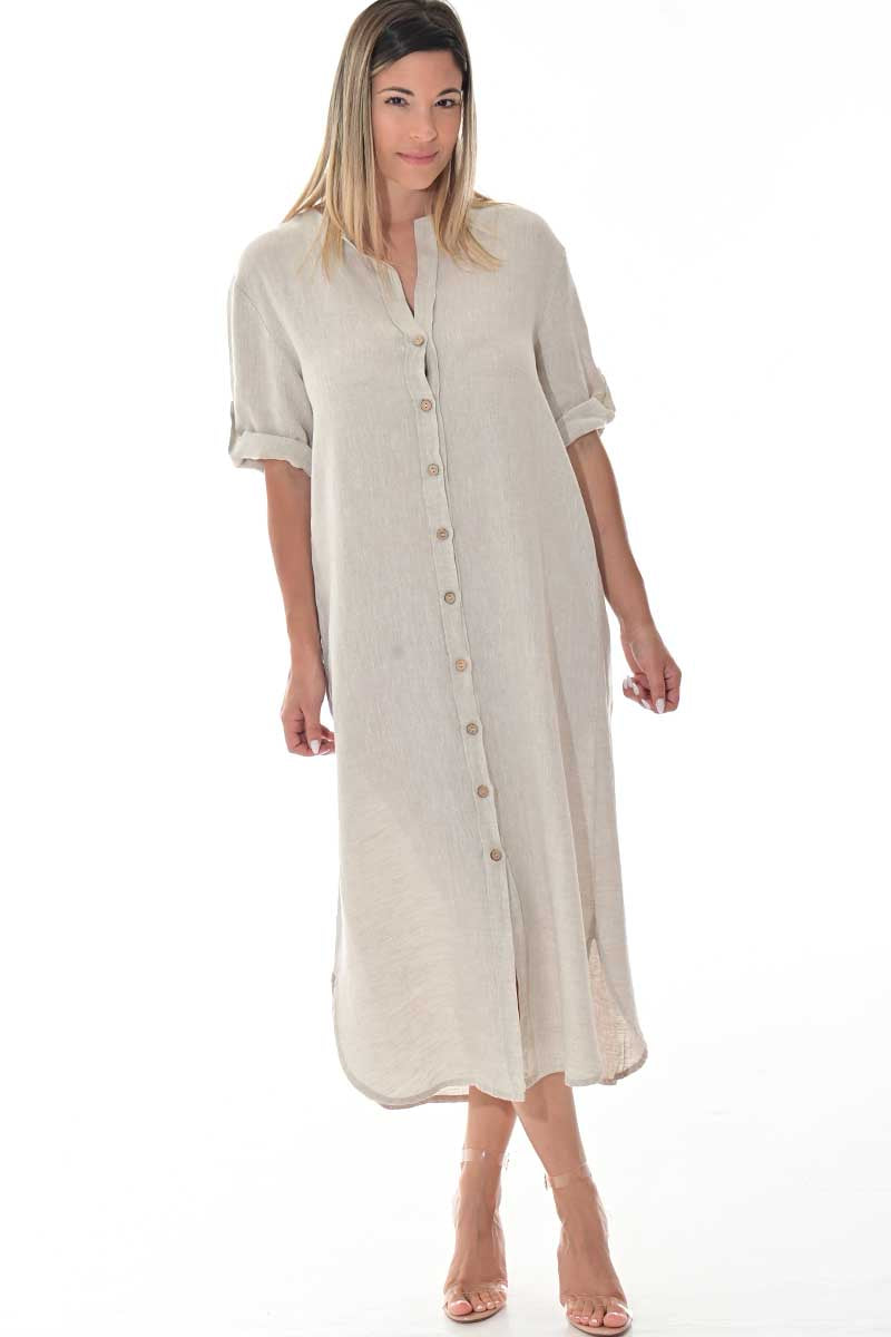 Ladies Linen Button Down Dress Roll-Up Sleeve-WHITE - LLWD3105- 6 PCS/PRE-PACK