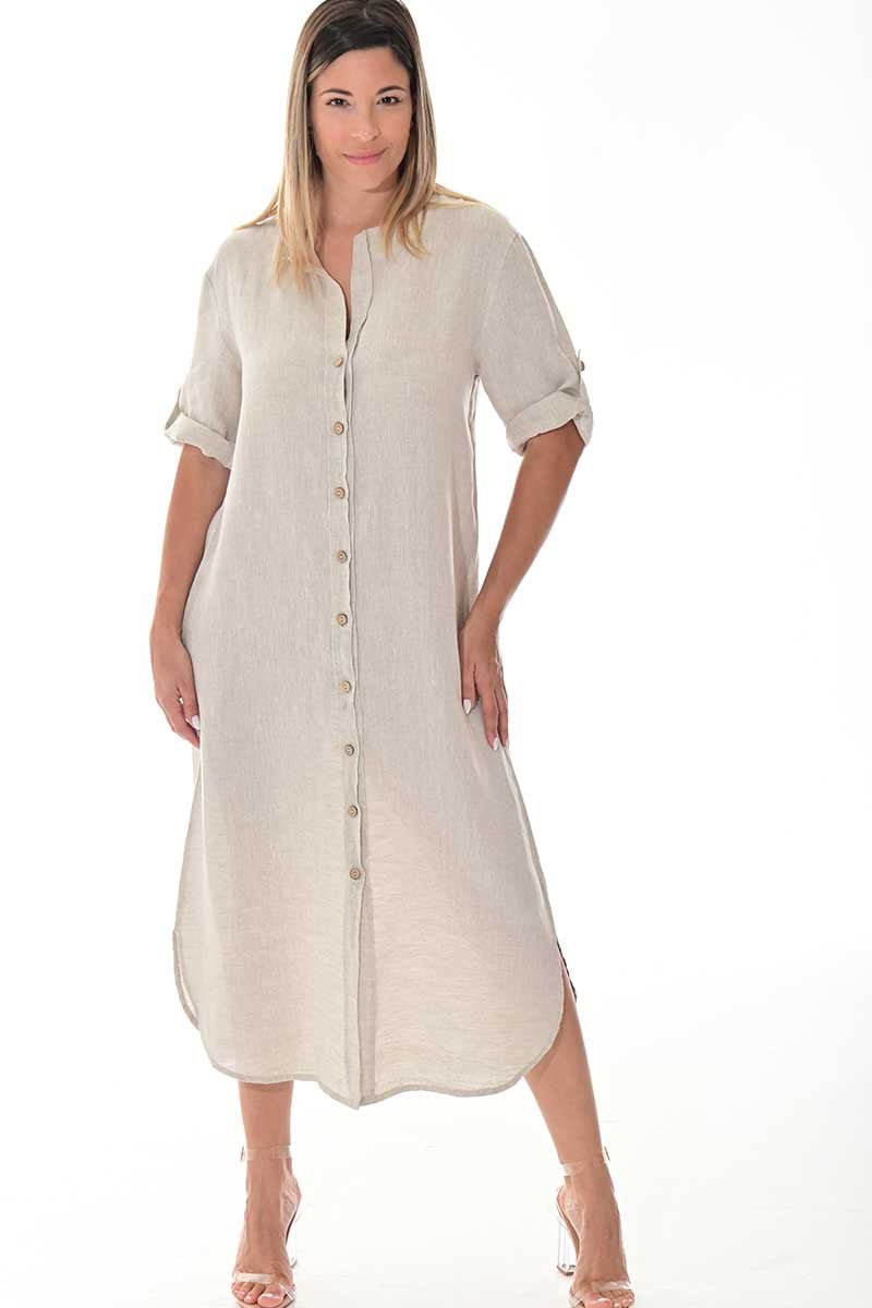 Ladies Linen Button Down Dress Roll-Up Sleeve-WHITE - LLWD3105- 6 PCS/PRE-PACK