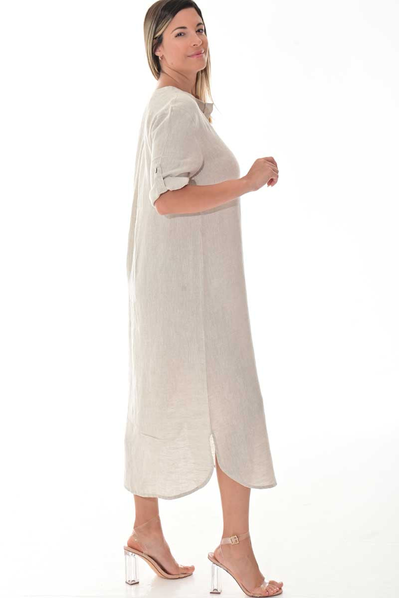 Ladies Linen Button Down Dress Roll-Up Sleeve-WHITE - LLWD3105- 6 PCS/PRE-PACK