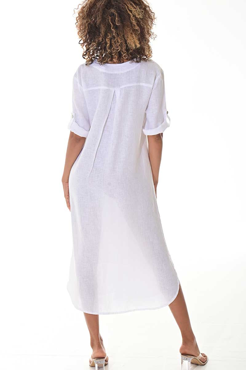 Ladies Linen Button Down Dress Roll-Up Sleeve-WHITE - LLWD3105- 6 PCS/PRE-PACK