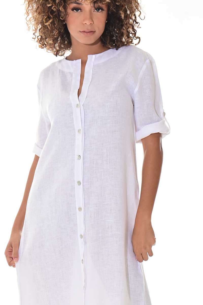 Ladies Linen Button Down Dress Roll-Up Sleeve-WHITE - LLWD3105- 6 PCS/PRE-PACK